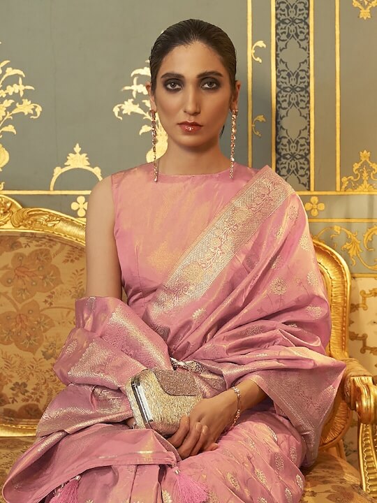 Pink & Gold-Toned Floral Zari Silk Blend Banarasi Saree
