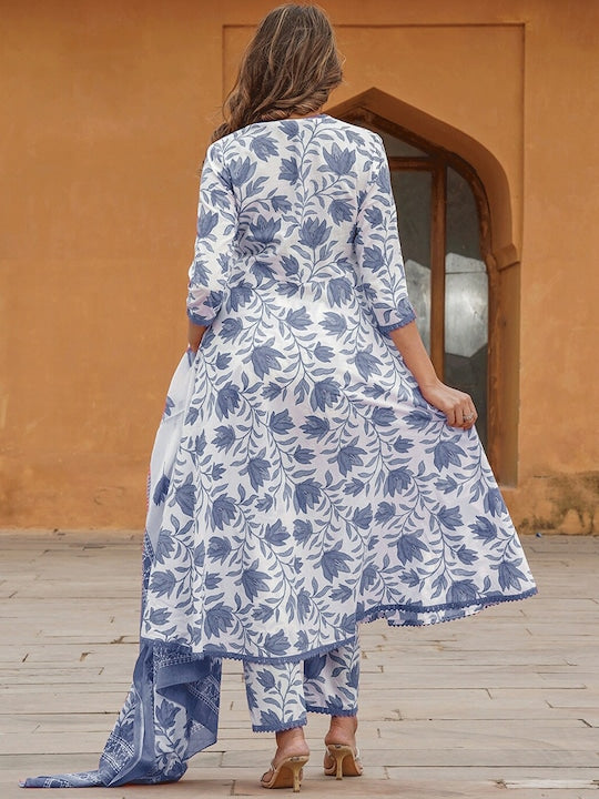 Floral Printed Anarkali Pure Cotton Kurta with Trousers & With Dupatta
