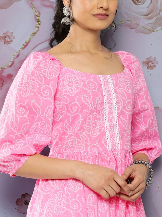 Women Bandhani Printed Square Neck Puff Sleeves Pure Cotton Empire Kurti