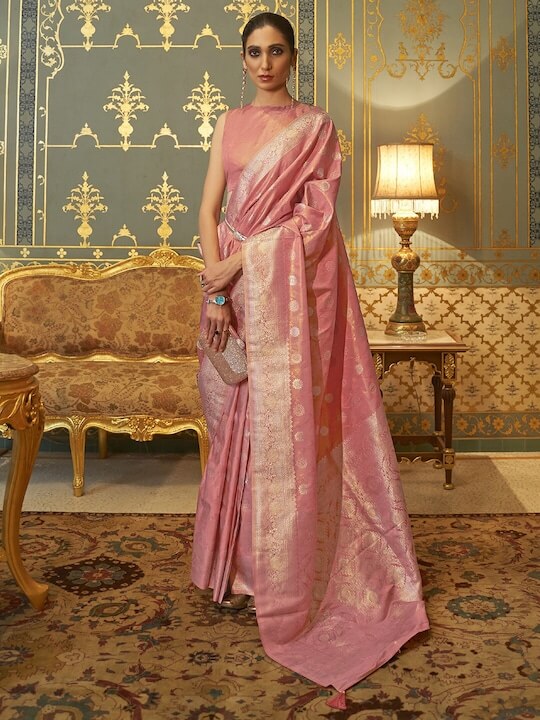 Pink & Gold-Toned Floral Zari Silk Blend Banarasi Saree