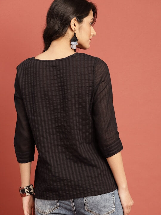 Black Woven Legacy Semi-Sheer Sustainable Pure Cotton Top
