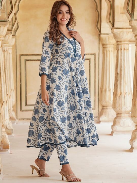 Floral Printed Anarkali Pure Cotton Kurta with Trousers & With Dupatta
